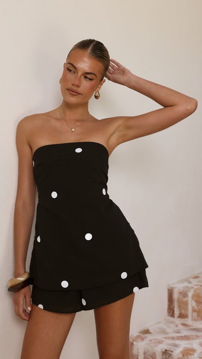 Kiki Strapless Top and Shorts Set - Black/White Polka Dot