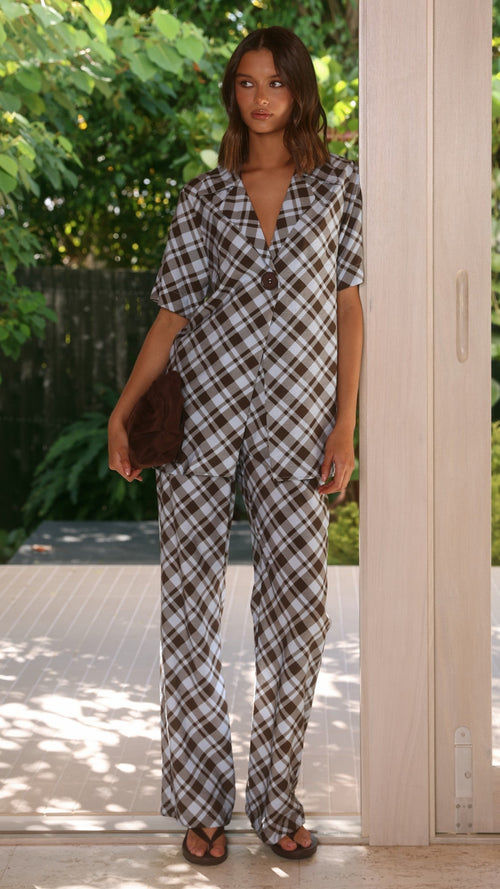 Imogen Button Pants - Chocolate/Blue Plaid