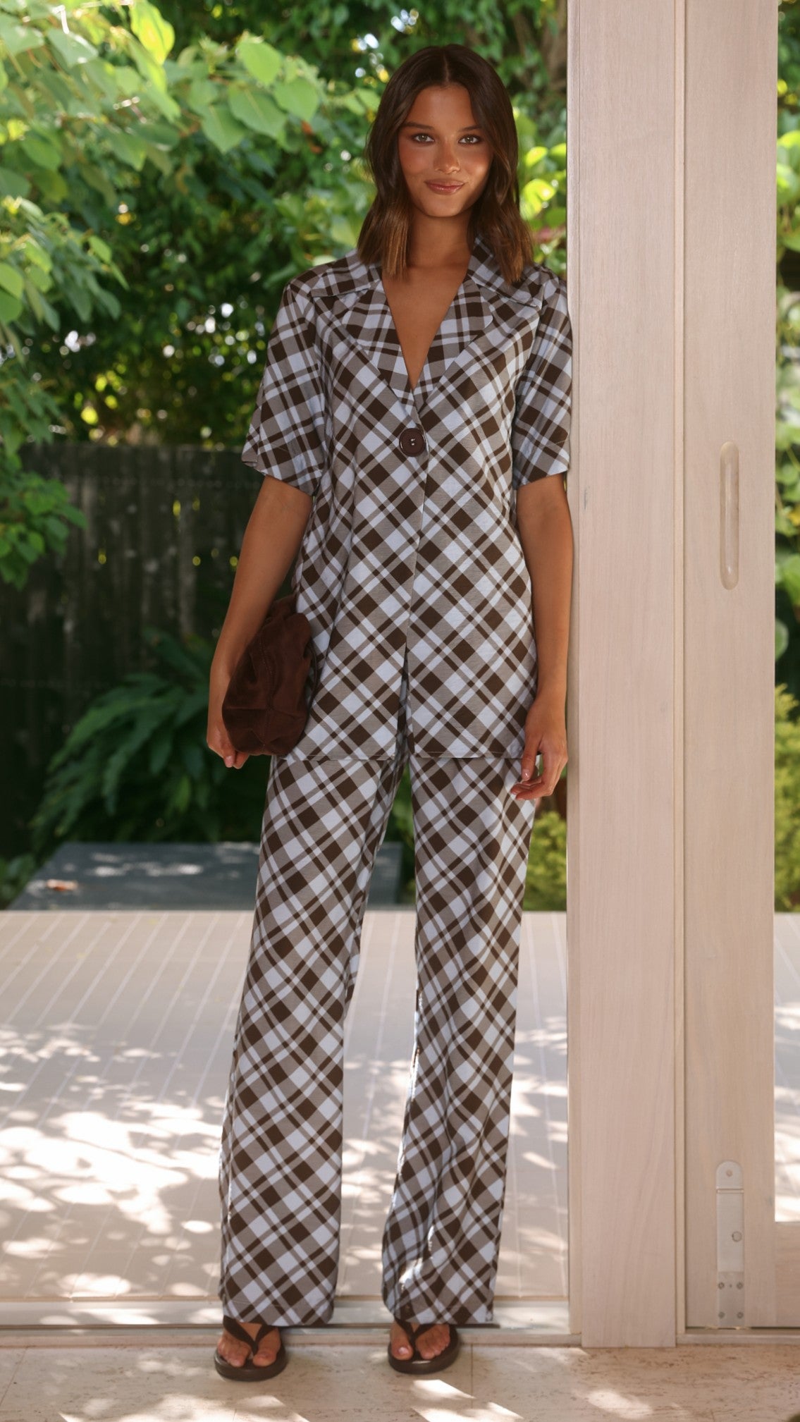 Imogen Button Pants - Chocolate/Blue Plaid