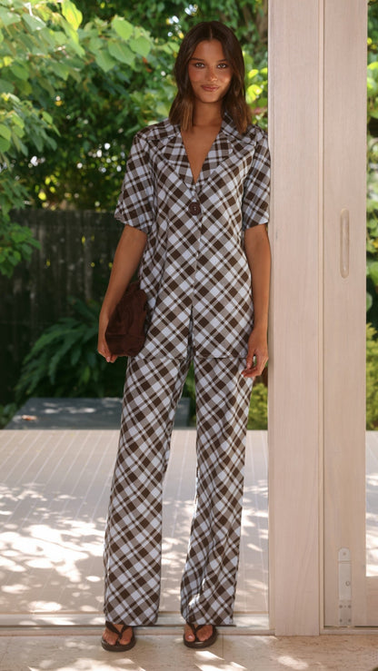 Imogen Button Pants - Chocolate/Blue Plaid