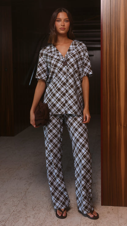 Imogen Button Pants - Chocolate/Blue Plaid