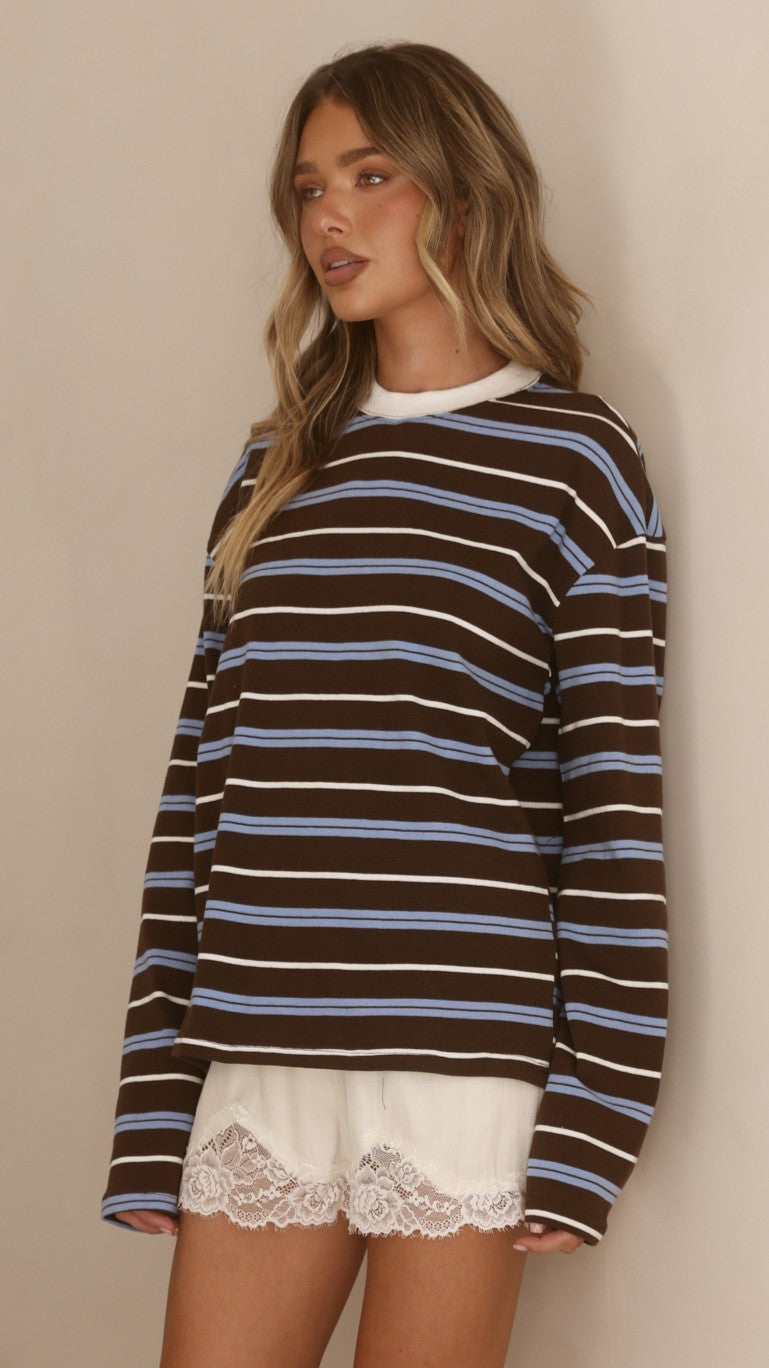 Raya Long Sleeve Top - Blue/Brown Stripe