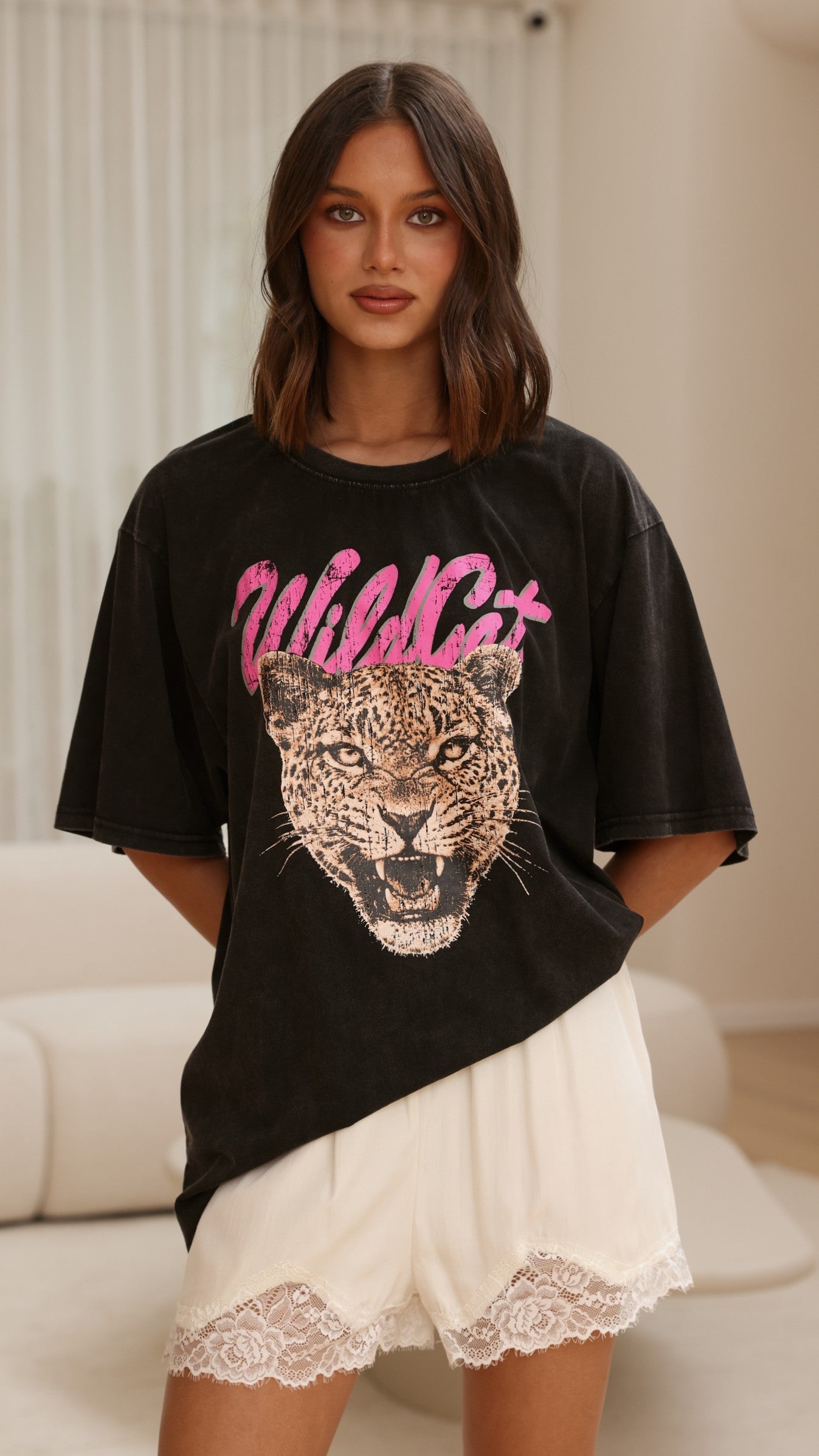 Wild Cat Oversized Tee - Black Acid Wash