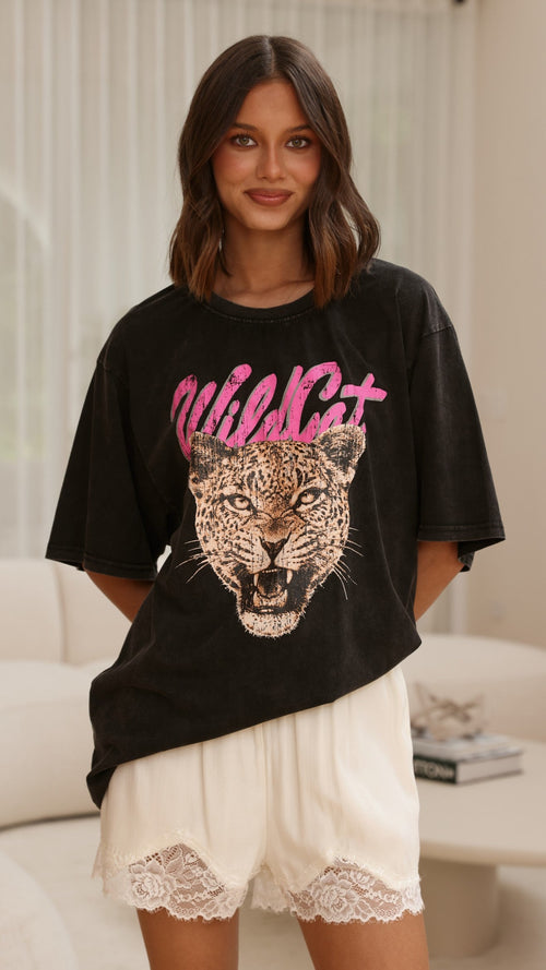 Wild Cat Oversized Tee - Black Acid Wash