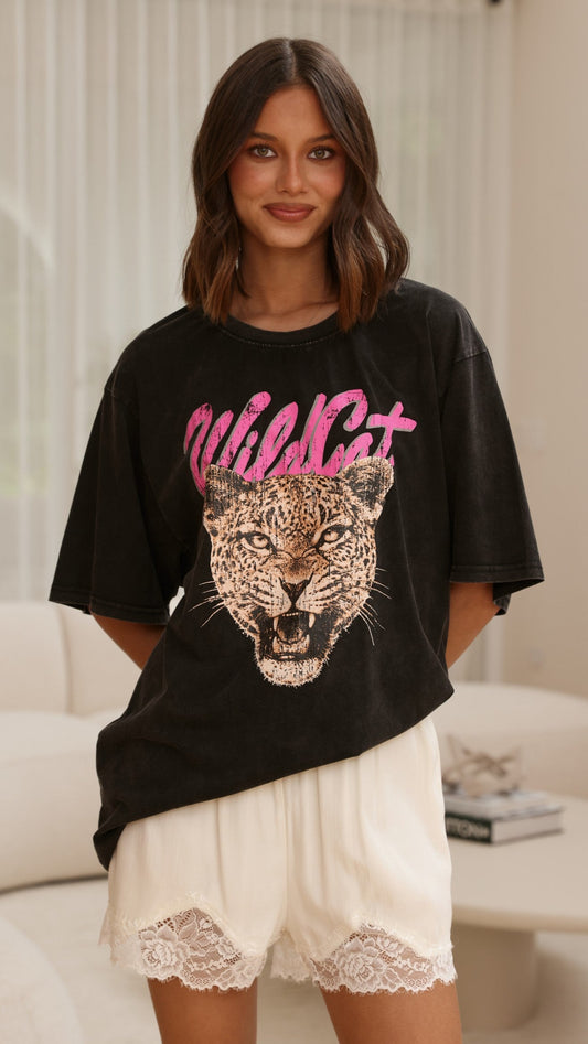 Wild Cat Oversized Tee - Black Acid Wash