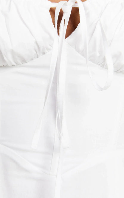 Maiya Midi Dress - Tie Front Fitted Bodice Dress in White