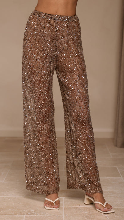 Zarina Sequin Long Line Top and Pants Set - Mocha