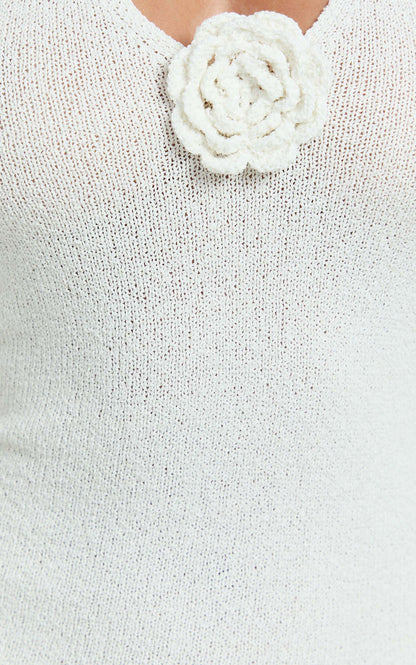 Nikola Midi Dress - Plunge Halter High Split Knit Dress in Cream