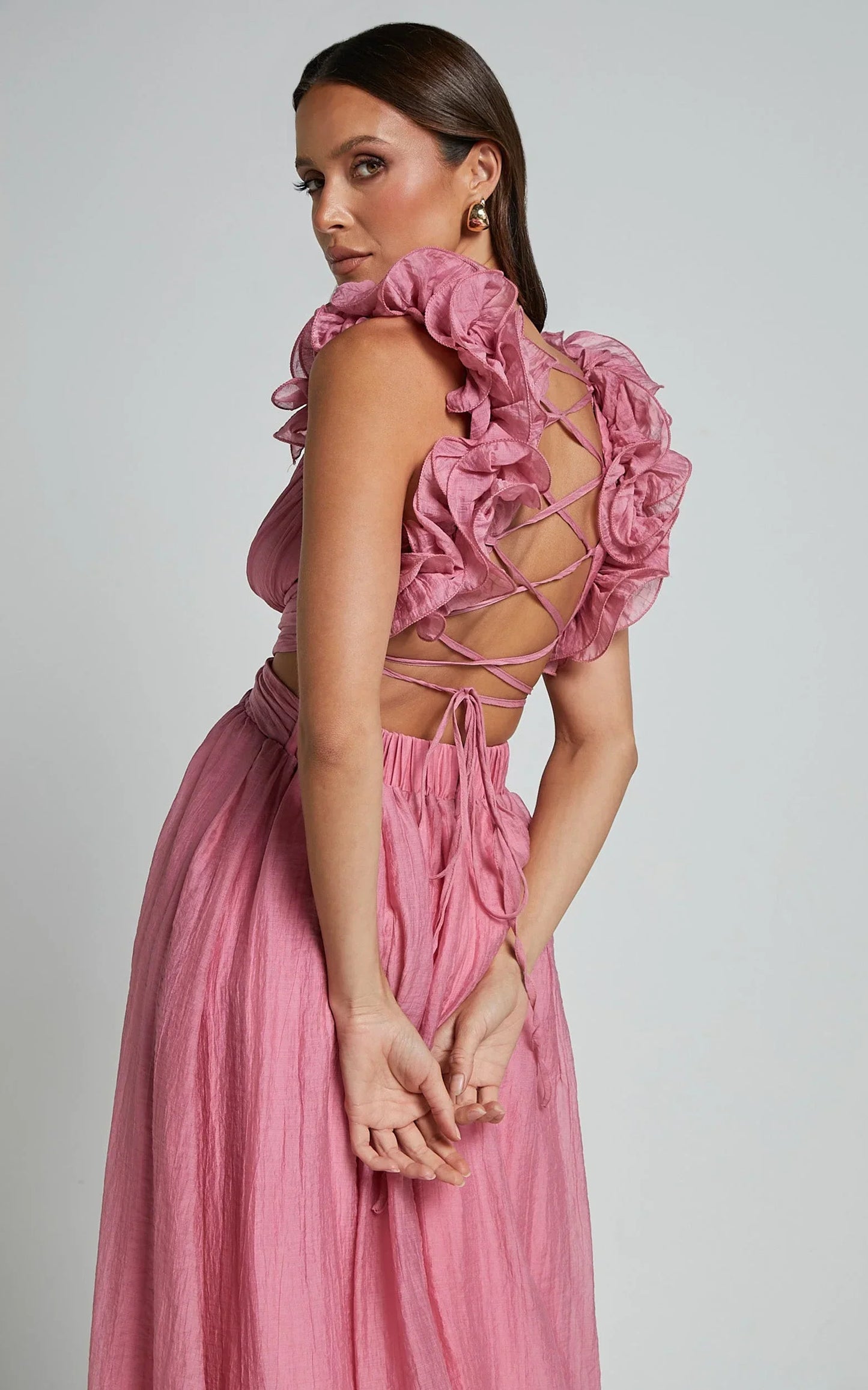 Marielly Midi Dress - Side Cut Out V Neck Ruffle Detail Sleeve Dress in Pink