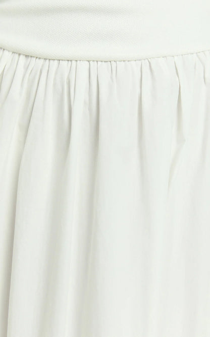 Murphy Midi Dress - Scoop Neck Straight Drop Waist Gathered Skirt Knit And Poplin Dress in White