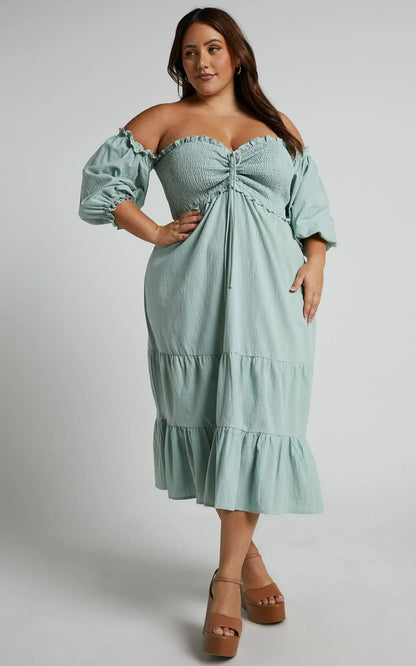 Nikka Midi Linen Blend Dress - Shirred Off Shoulder Puff Sleeve Dress in Sage
