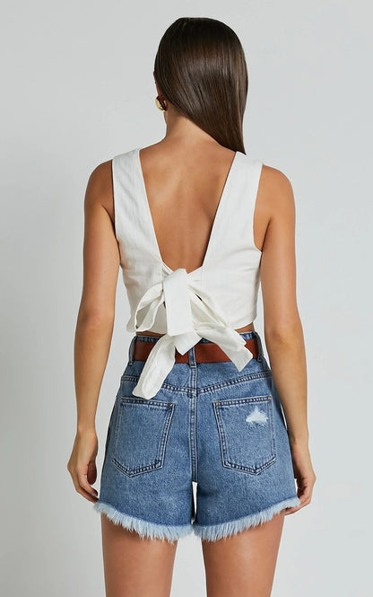 Mindae Shorts - Recycled Cotton Ripped Denim Shorts in Blue