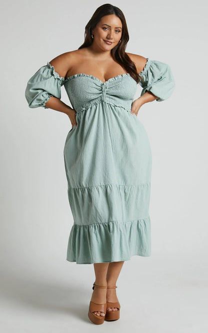 Nikka Midi Linen Blend Dress - Shirred Off Shoulder Puff Sleeve Dress in Sage