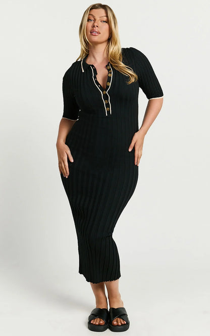 Lada Midi Dress - Short Sleeve Button Front Knit Dress in Black