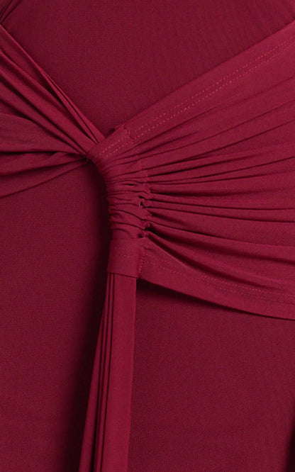 Mandy Midi Dress - Knot Detail Cut Out Mesh Dress in Wine