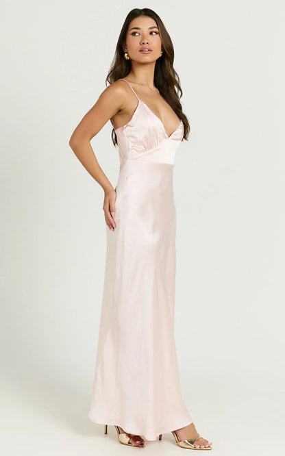 Lorenzia Maxi Dress - Plunge Corset Underbust Detail Satin Dress in Light Pink