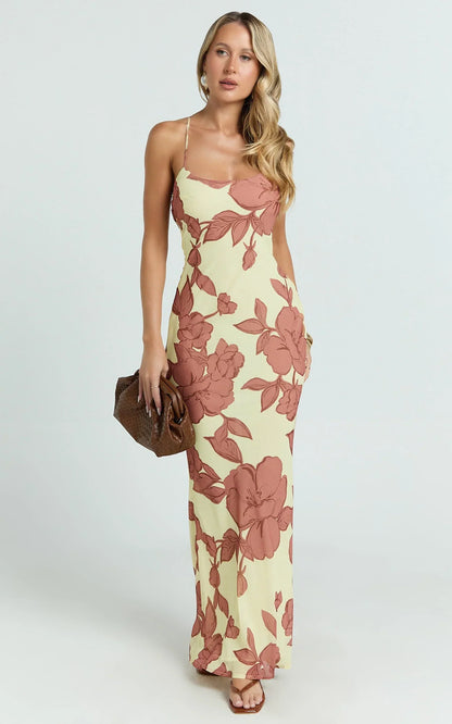 Krishna Maxi Dress - Strappy Scoop Neck Floral Placement Print Georgette Dress in Lemon Bouquet Di Fiori Print