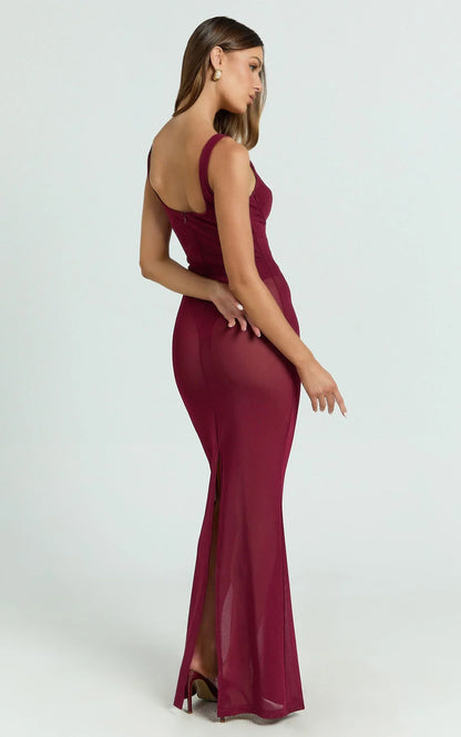 Laney Maxi Dress - Mesh Sweetheart Neck Bodycon Dress in Wine