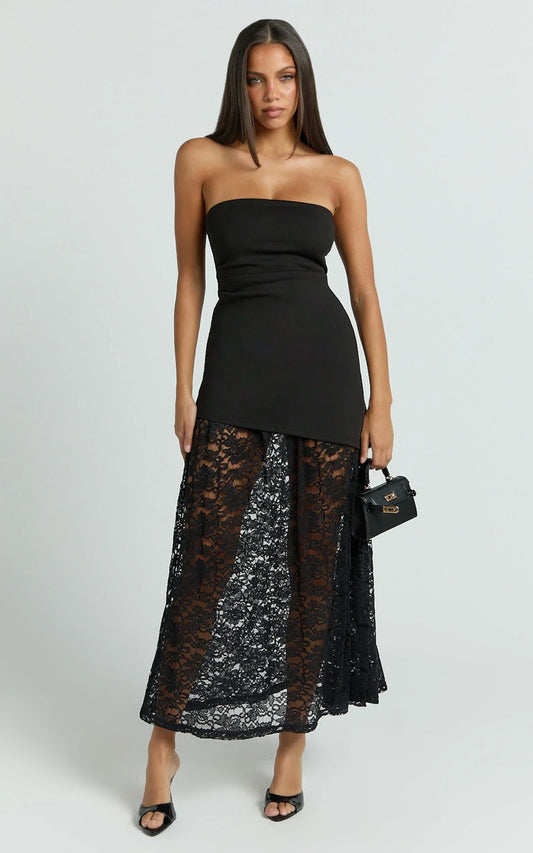 Mila Midi Dress - Strapless Dropped Waist Dress in Black