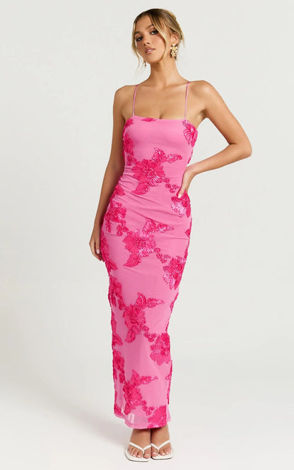 Mina Midi Dress - Embroidered Mesh Dress in Pink