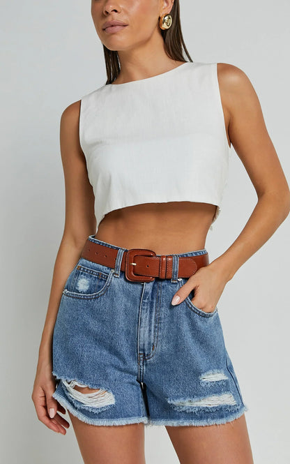 Mindae Shorts - Recycled Cotton Ripped Denim Shorts in Blue