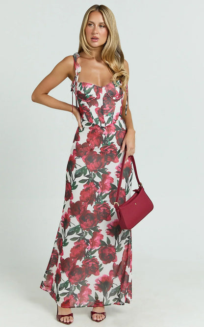Mabel Maxi Dress - Georgette Frill Sleeve Sweetheart Bias Cut Dress in Rose Blanca
