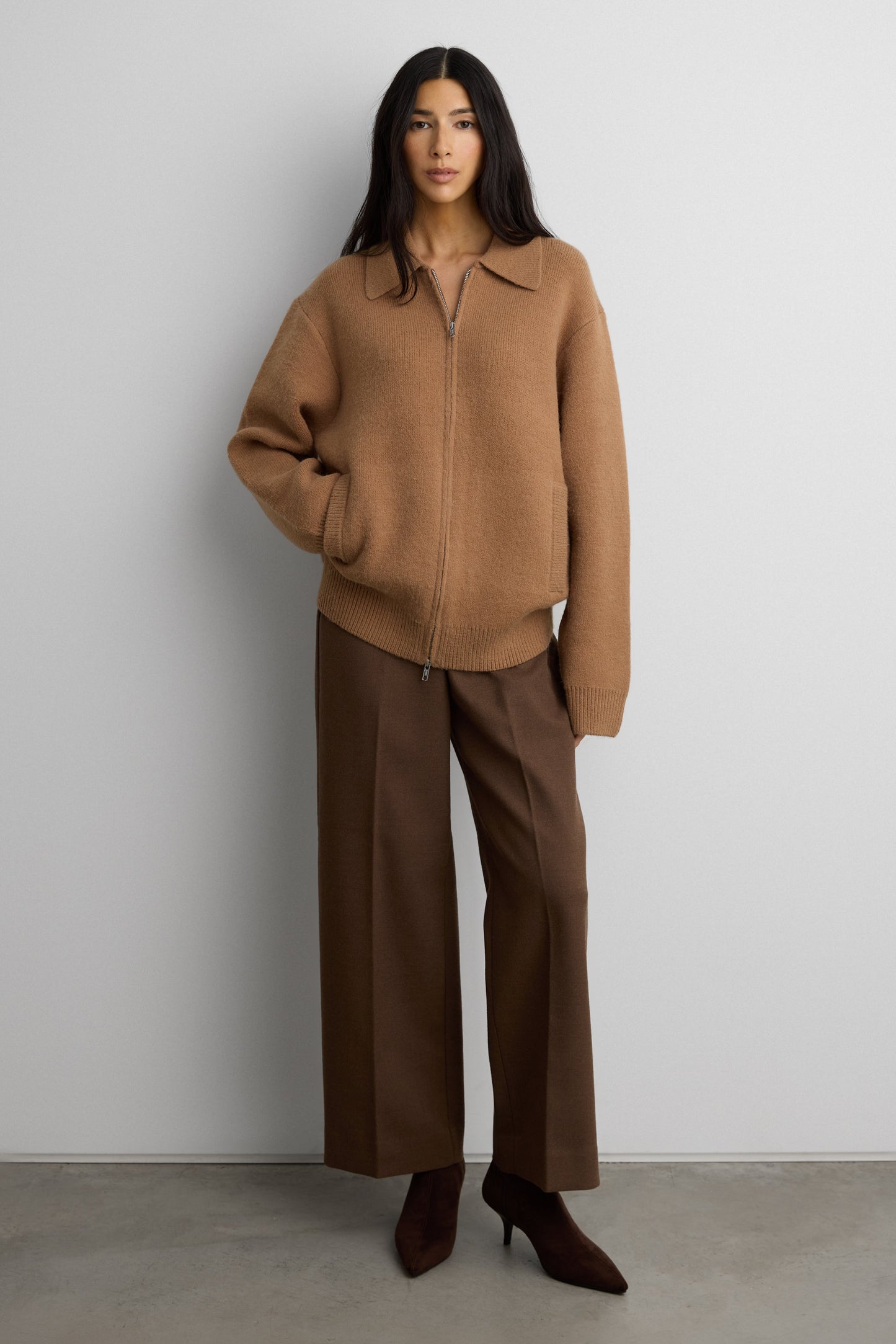 KNIT COLLARED ZIP-UP CARDIGAN