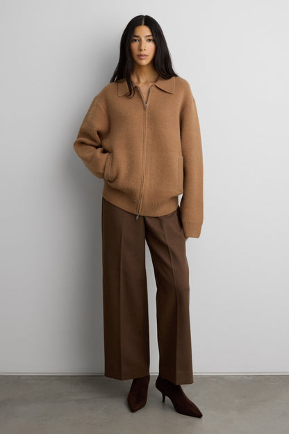 KNIT COLLARED ZIP-UP CARDIGAN