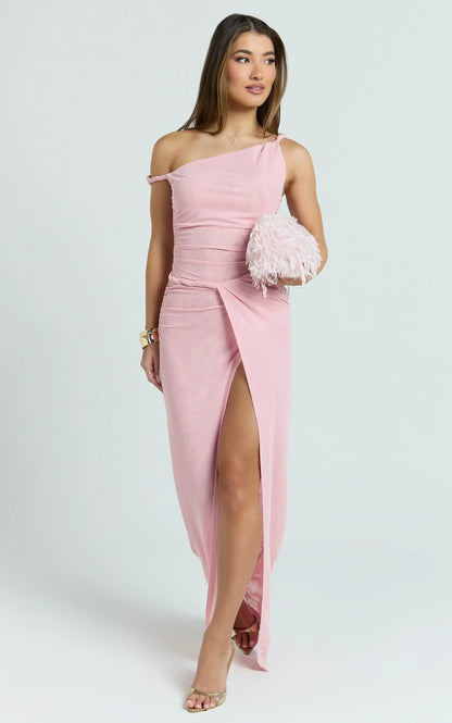 Nicolette Maxi Dress - One Shoulder Faux Wrap Bodycon Dress in Blush