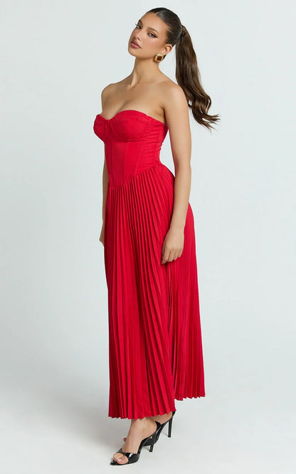Loretta Midi Dress - Lace Up Back Bustier Pleated Dress in Red