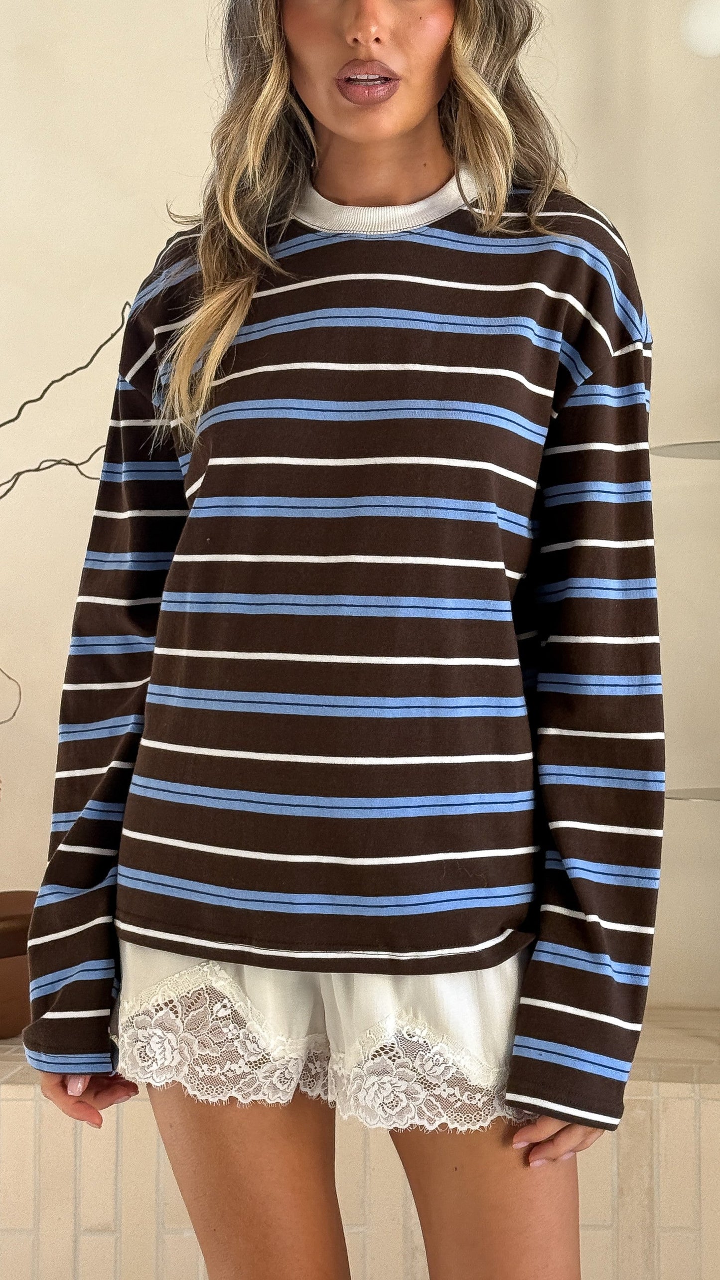 Raya Long Sleeve Top - Blue/Brown Stripe