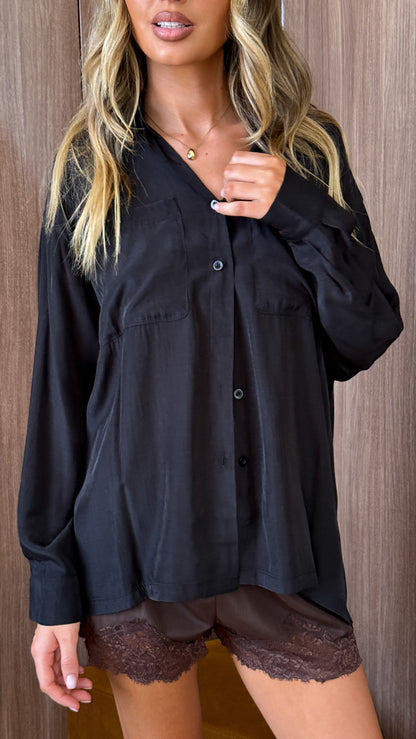 Rylanne Long Sleeve Button Up Top - Black