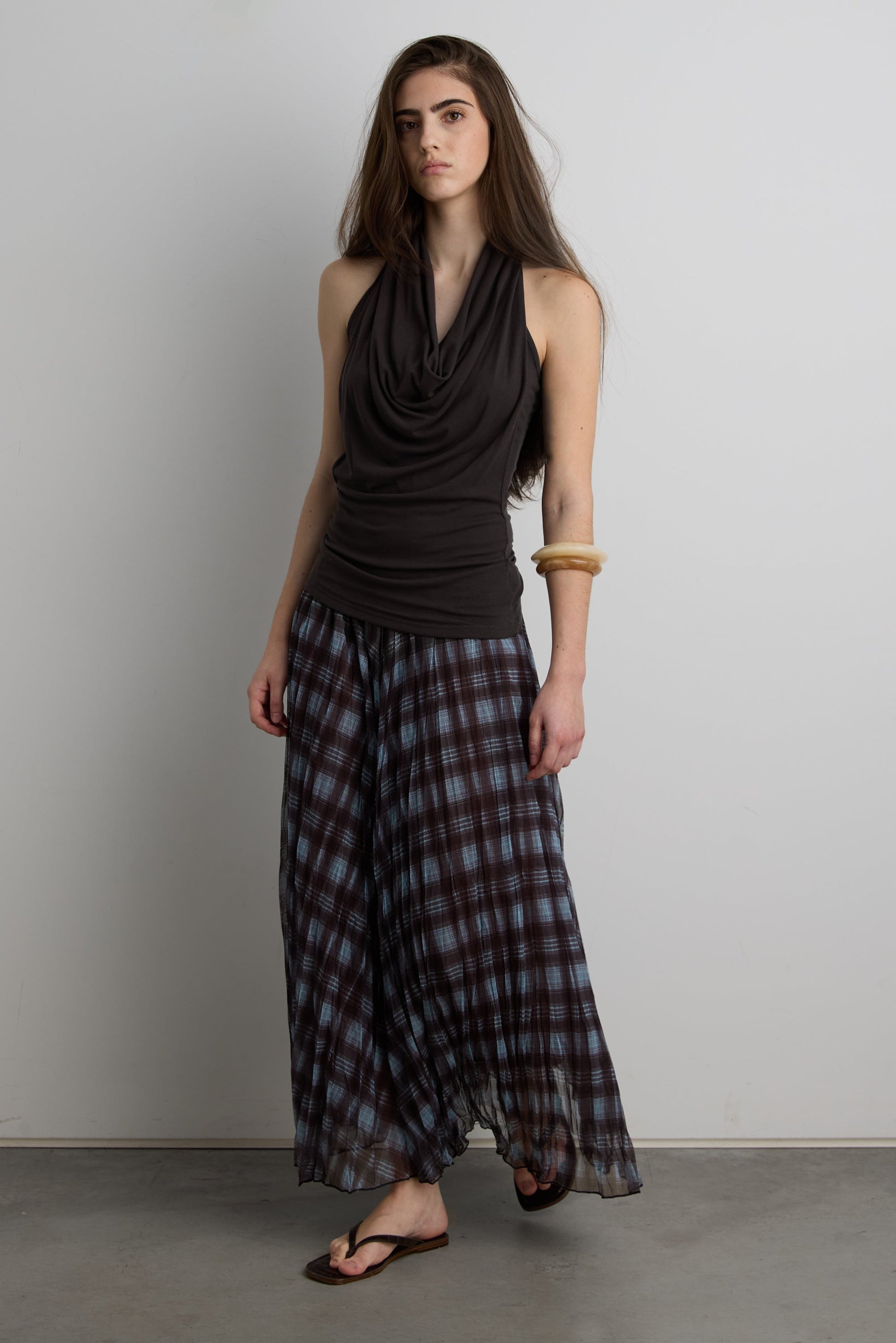 BLUE PLAID ACCORDION PLEAT MIDI SKIRT