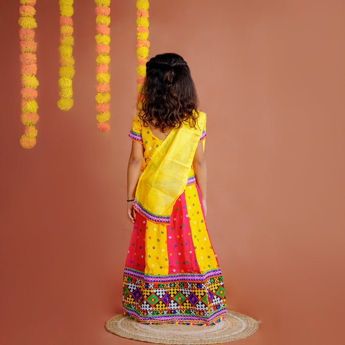 Girl's Gujrati Garba Navratri Cotton Readymade Lehenga Choli With Dupatta