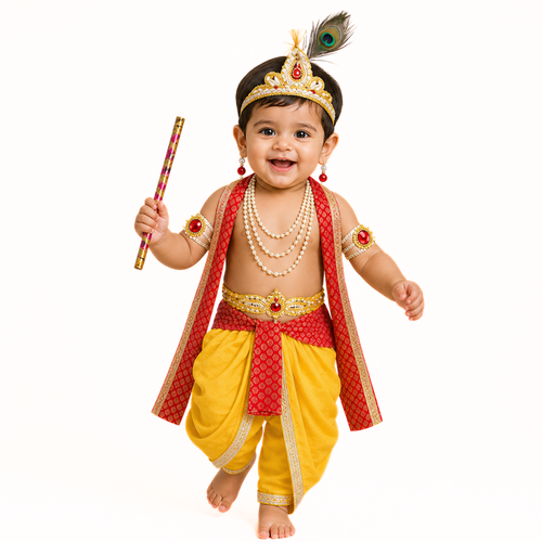 Krishna Dress for Baby Boy Kids Set of 10 Little Krishna Ji Kanha Janmasthmi Costume for Kids Red and Yellow
