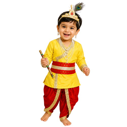 Krishna Dress for Baby Boy Kids Set of 10 Little Krishna Ji Kanha Janmasthmi Costume for Boys Kids (IMC20000-Redd)