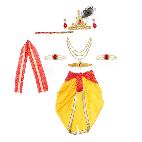 Krishna Dress for Baby Boy Kids Set of 10 Little Krishna Ji Kanha Janmasthmi Costume for Kids Red and Yellow