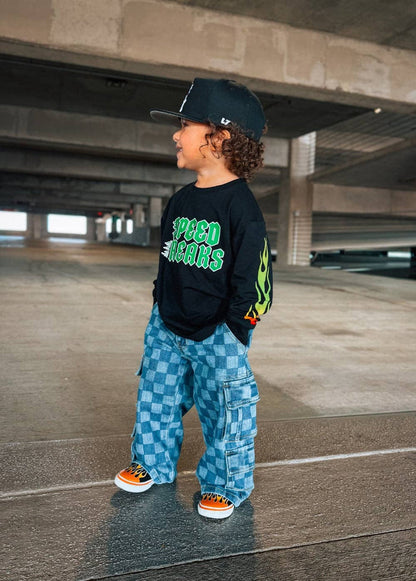 Little Trouble - Checkered Baggy Blue Jeans
