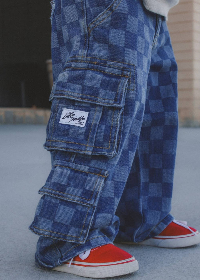 Little Trouble - Checkered Baggy Blue Jeans