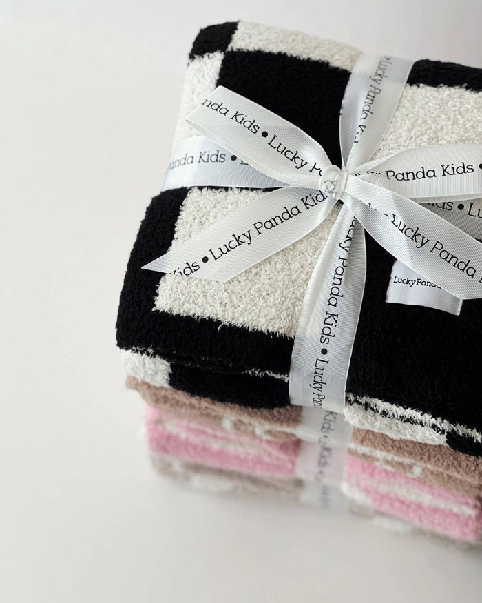 Lucky Panda Kids Baby Blanket - Checkered Plush Black