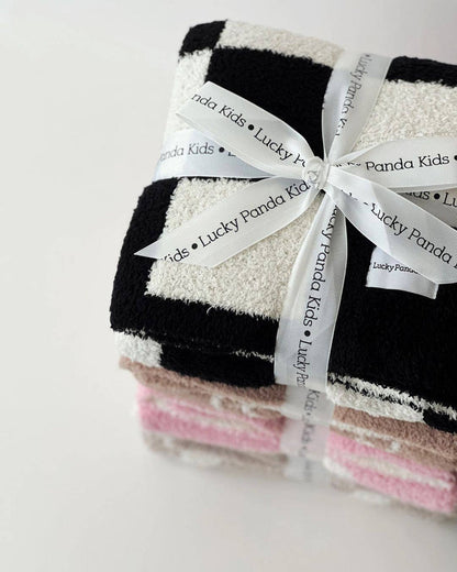 Lucky Panda Kids Baby Blanket - Checkered Plush Black