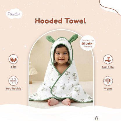 Organic Cotton Baby Hooded Bath Towel With Band | Super Soft & Quick Dry Newborn Towel | 0-18 Months