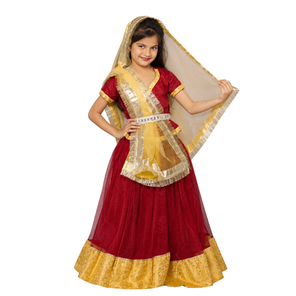 Radha Navratri Garba Girls Dress for Kids Lehenga/Chaniya,Choli with Dupatta- Maroon &amp;Yellow (IMC694)