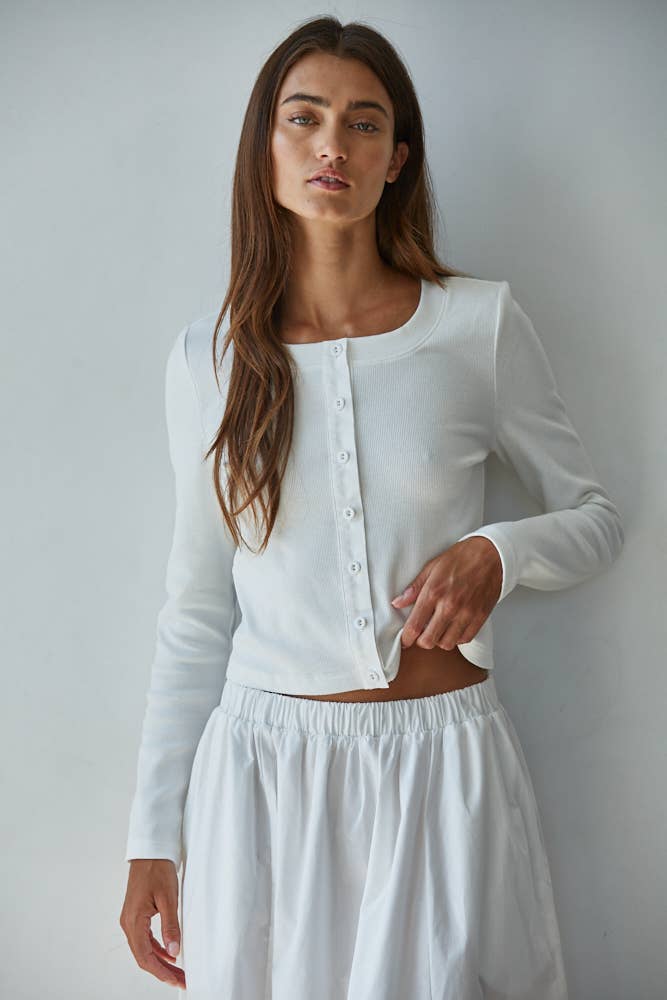 Women's Knit Ribbed 3/4 Sleeve Cardigan - Off White