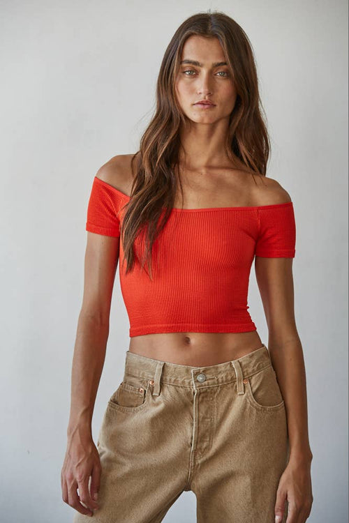 Women's Knit Seamless Ribbed Off Shoulder Crop Top - Scarlet (Final Sale)