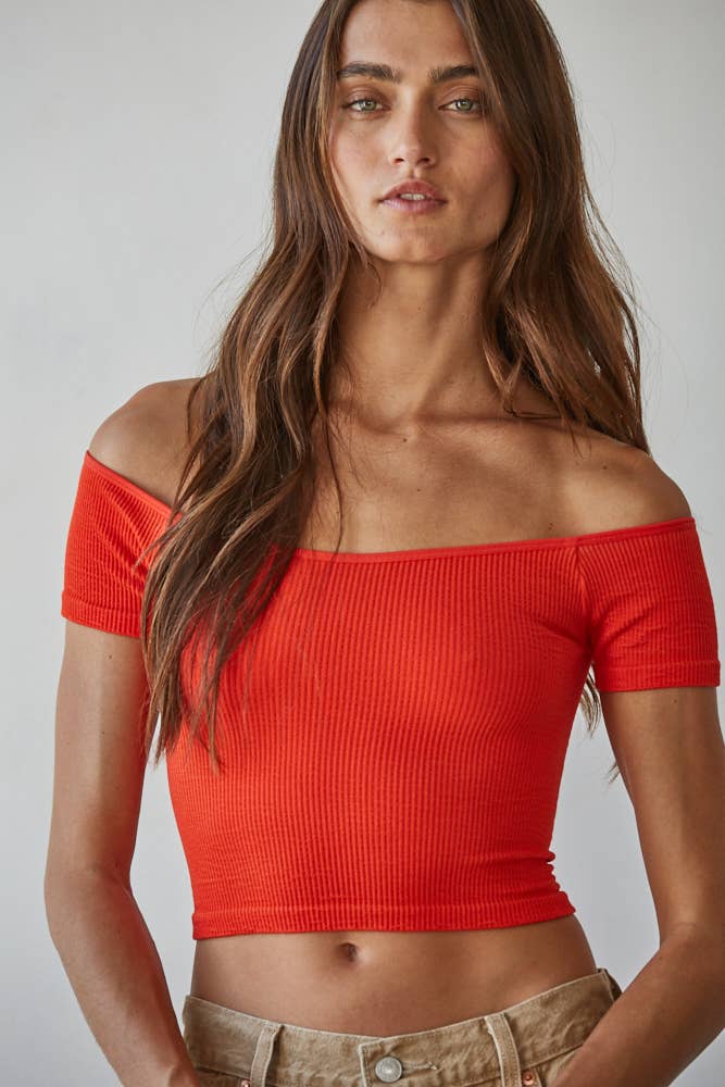 Women's Knit Seamless Ribbed Off Shoulder Crop Top - Scarlet (Final Sale)