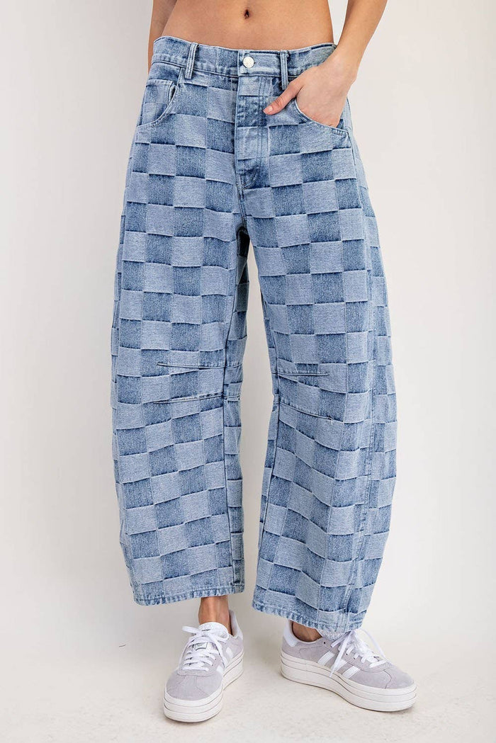 Women's Mineral Washed Check Barrel Jeans
