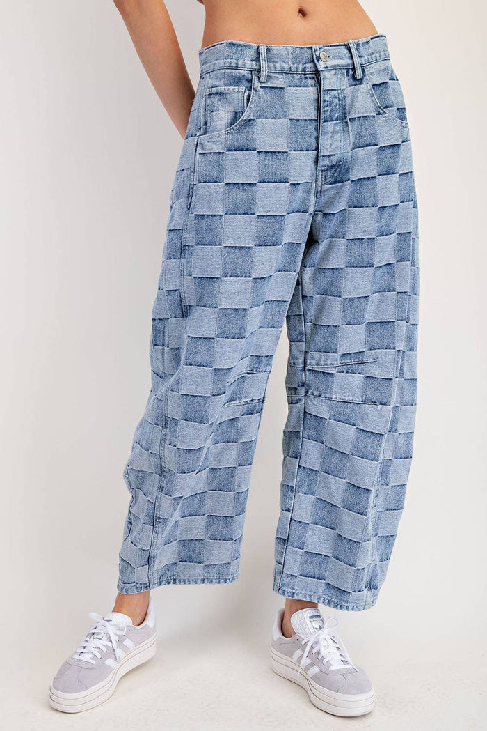 Women's Mineral Washed Check Barrel Jeans