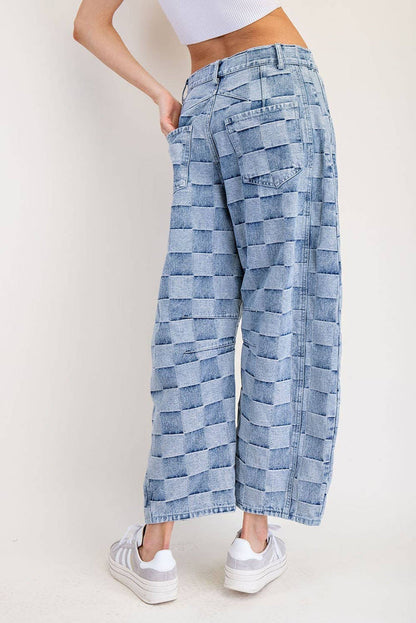 Women's Mineral Washed Check Barrel Jeans