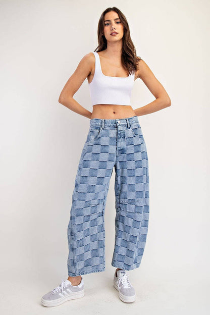 Women's Mineral Washed Check Barrel Jeans
